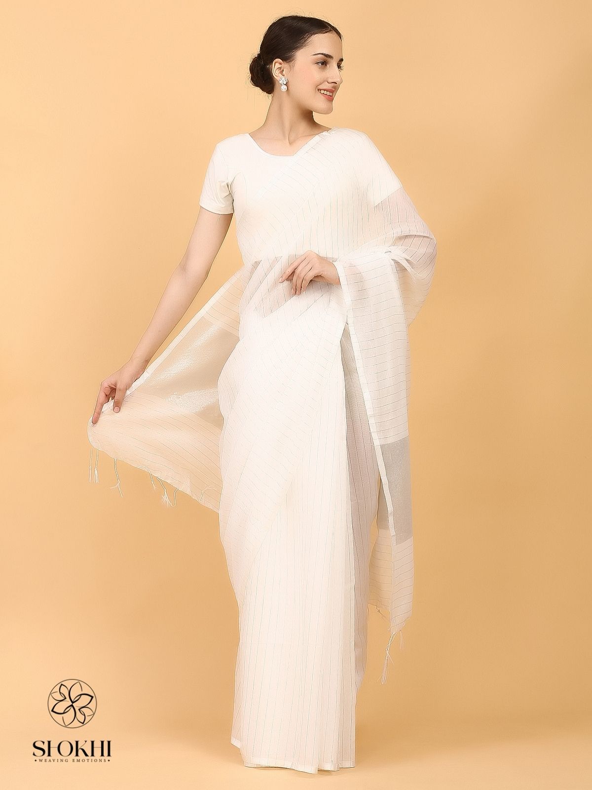 Swarnika - Metallic Tissue Saree - Silver Stripe White - SO-TS-011