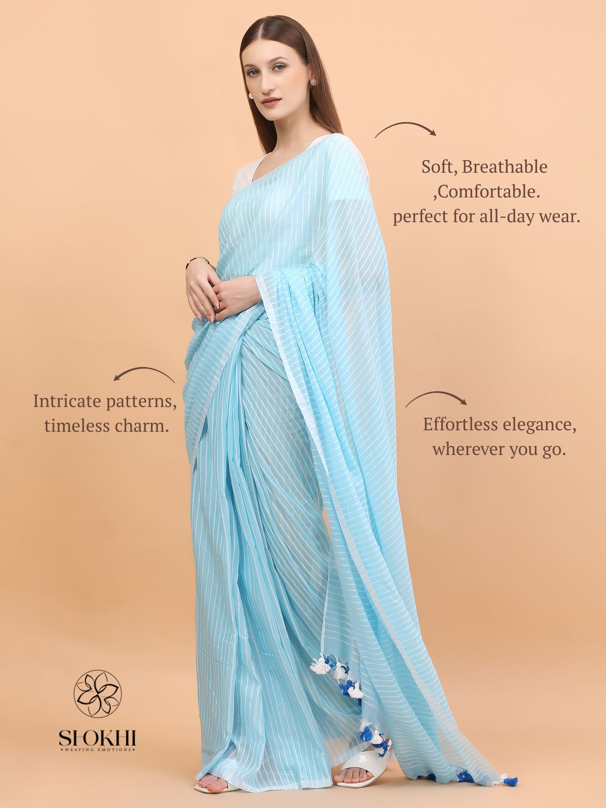 Komal - Soft Cotton Saree - Pastel Blue - SO-CC-001 - Shokhi