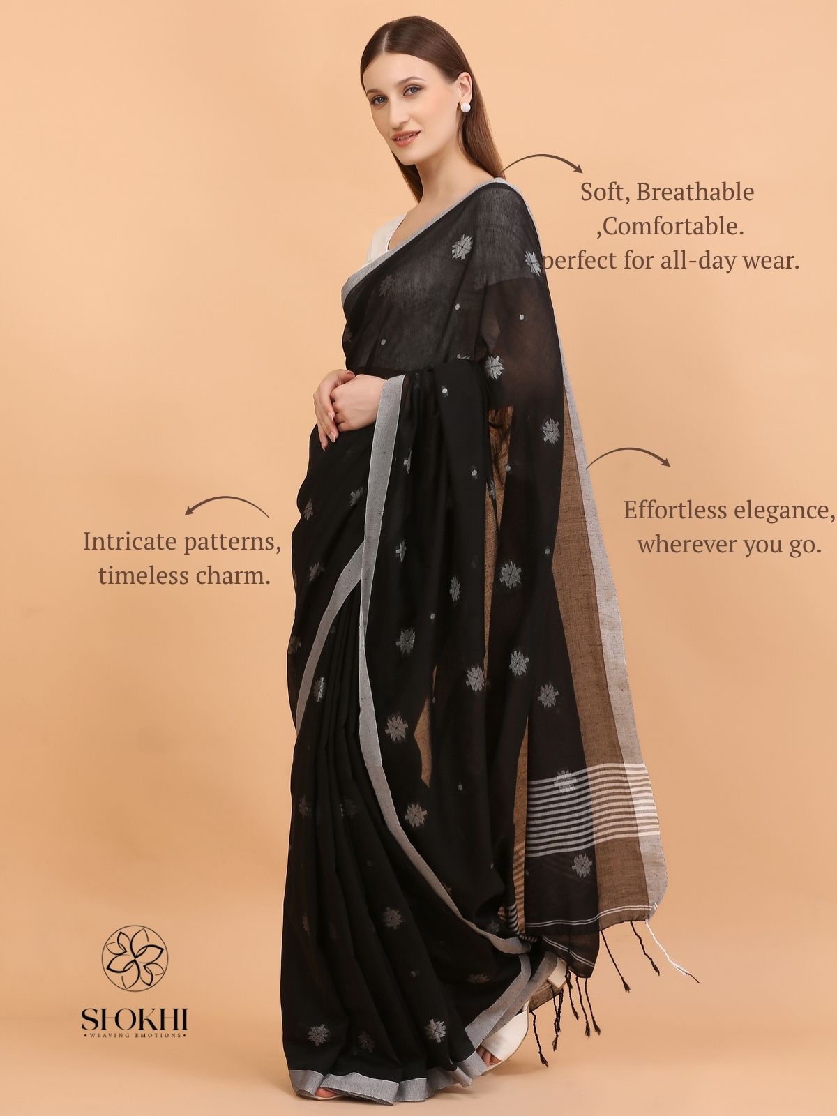 Komal - Soft Cotton Saree - Charcoal Black - SO-CC-008 - Shokhi
