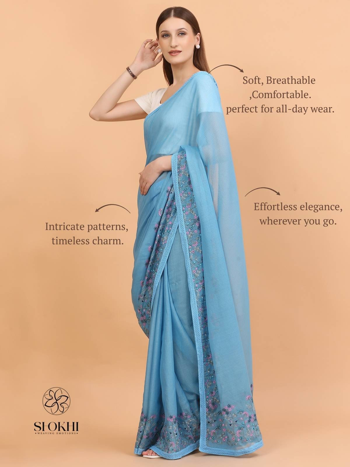 Vaya - Kota Check Embroidered Saree - Teal Blue - SO-EM-001 - Shokhi