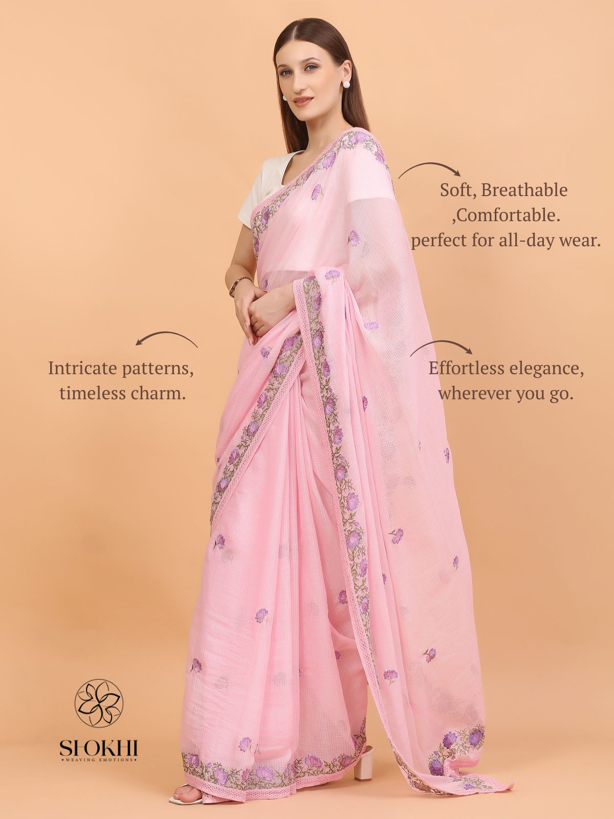Vaya - Kota Check Embroidered Saree - Blush Pink - SO-EM-005 - Shokhi