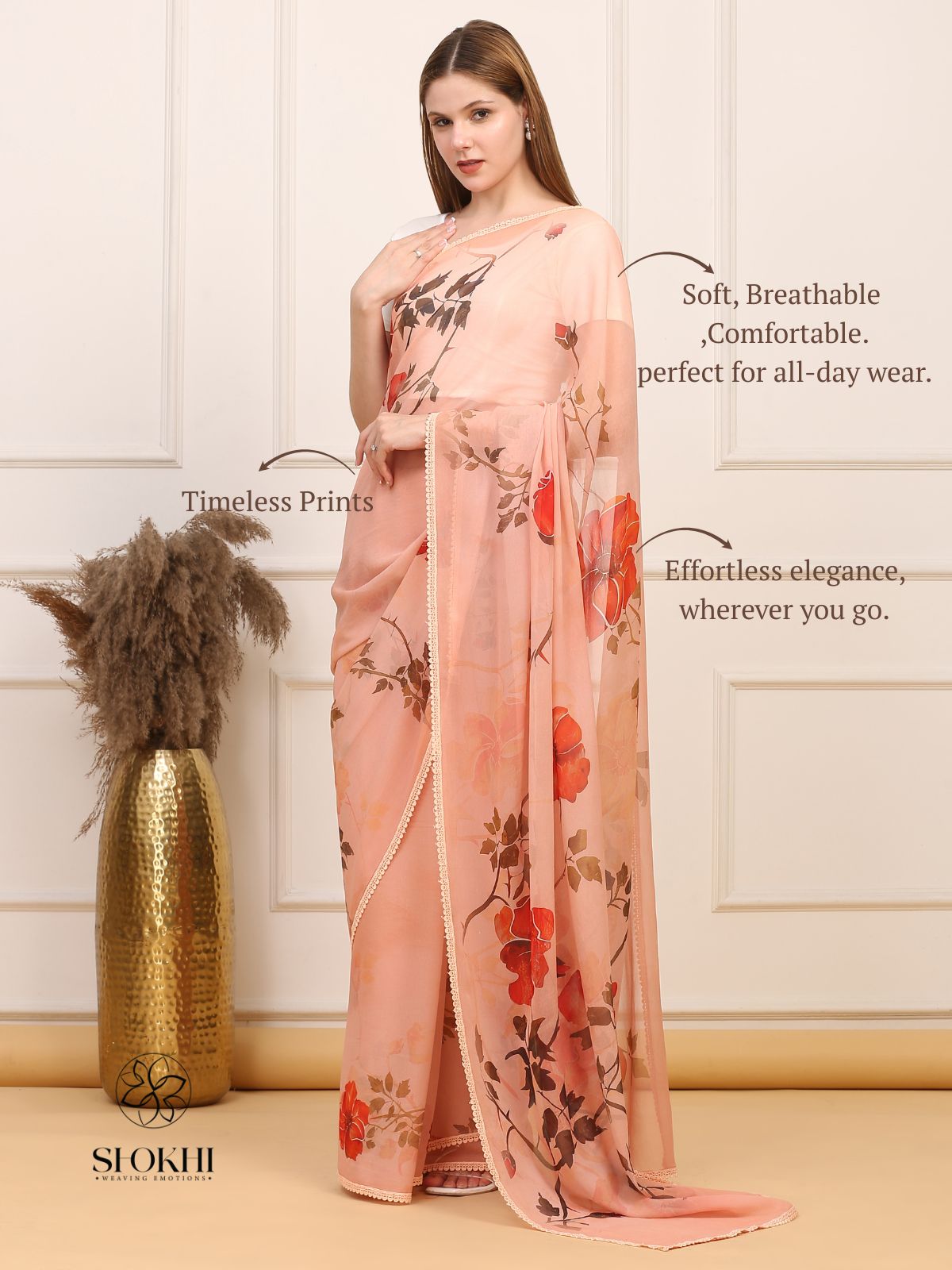 Vibha - Printed Georgette Saree - Vibrant Beige - SO-SAPR-003 - Shokhi