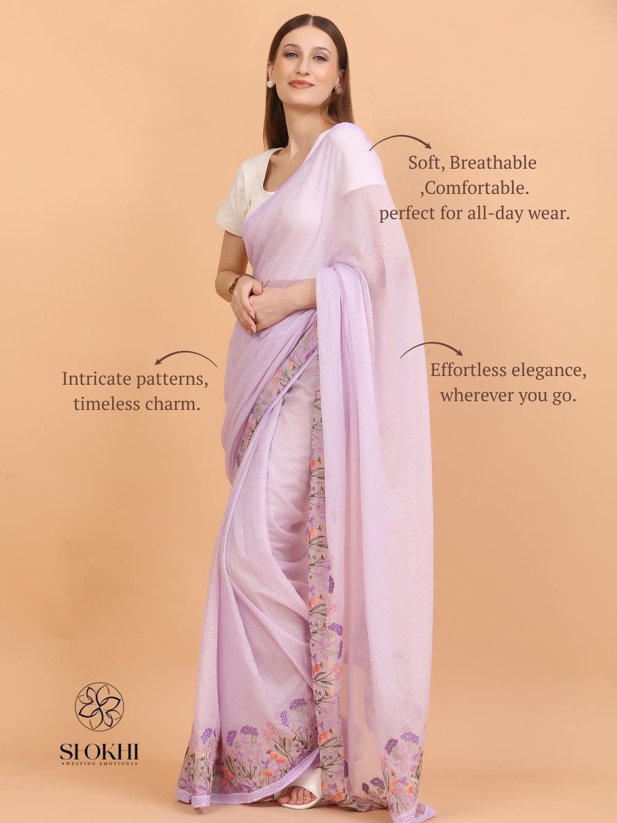 Vaya - Kota Check Embroidered Saree - Pastel Lavender - SO-EM-003 - Shokhi