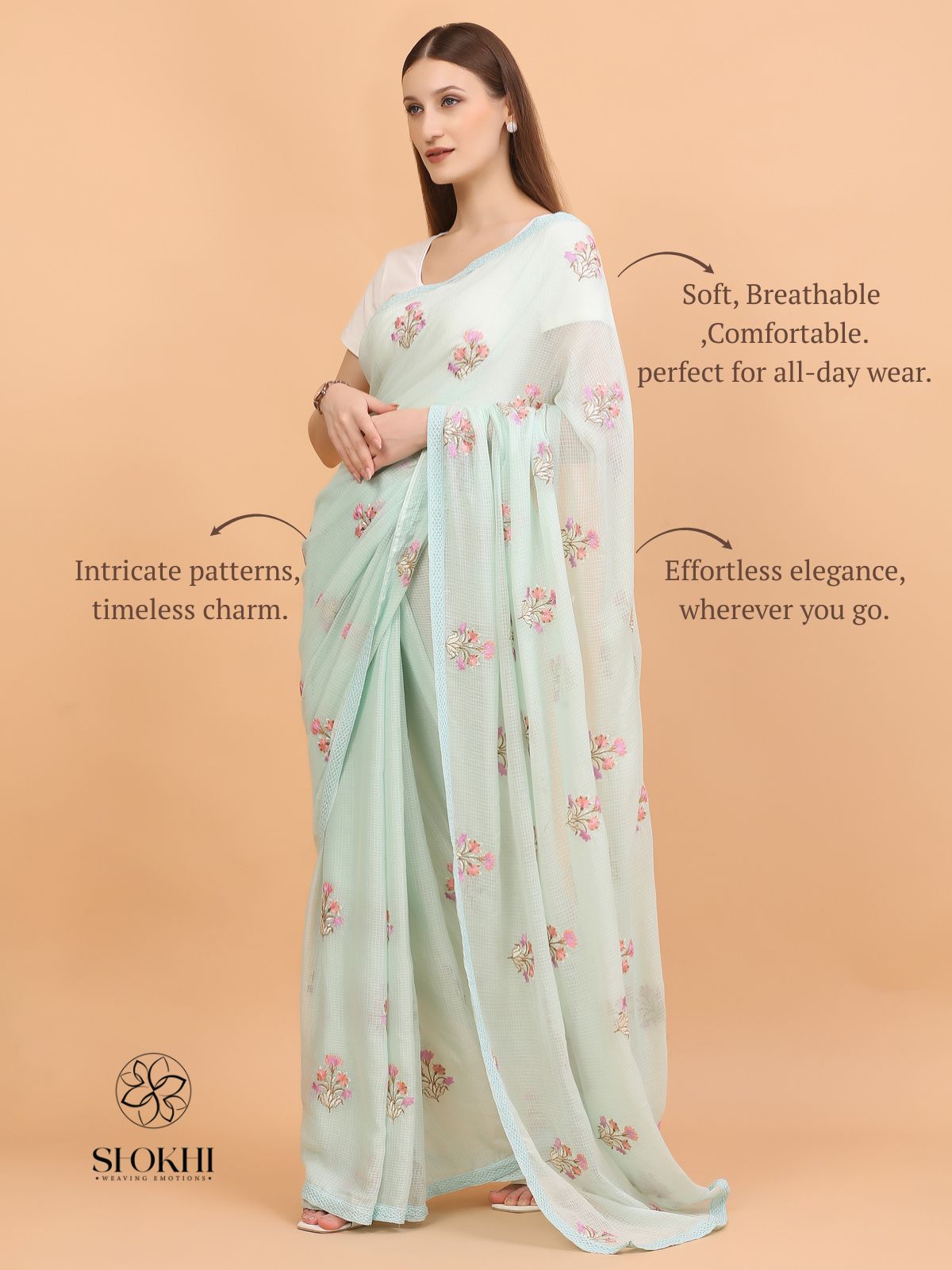 Vaya - Kota Check Embroidered Saree - Sea Green - SO-EM-004 - Shokhi