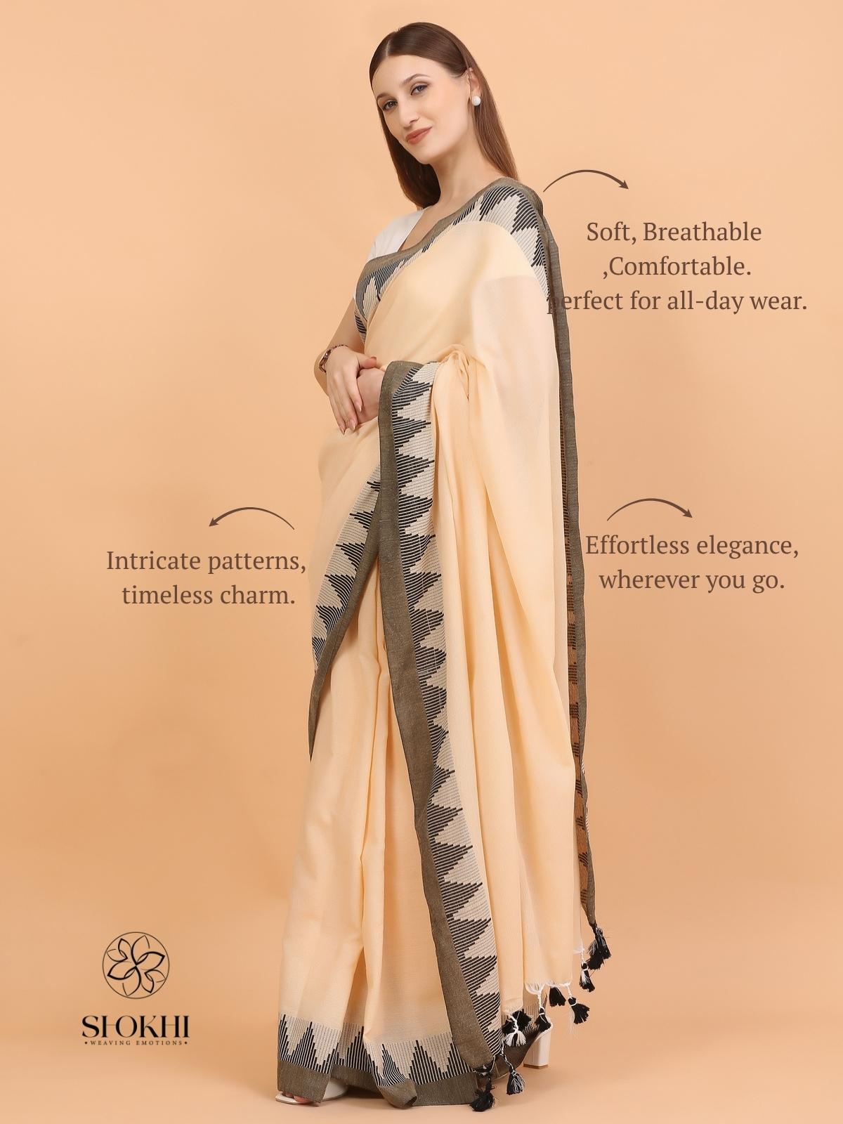 Komal - Soft Cotton Saree - Soft Beige - SO-CC-004 - Shokhi