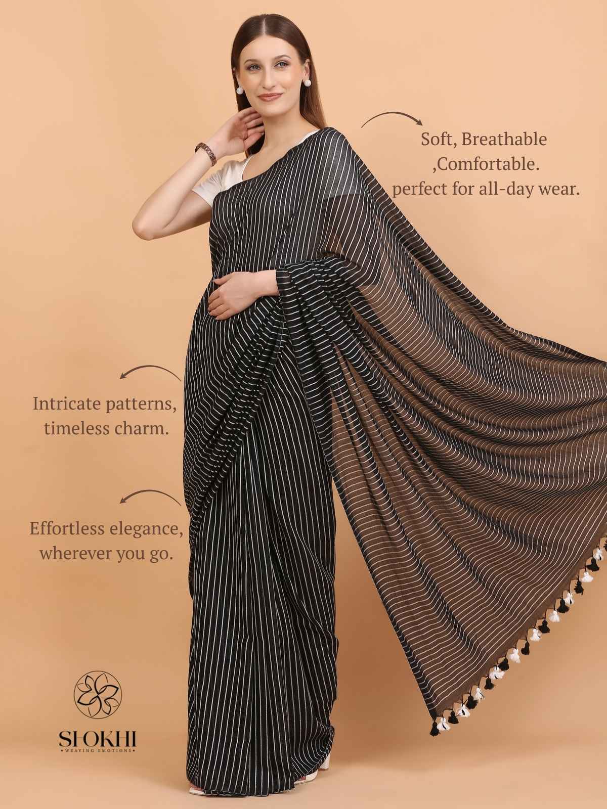 Komal - Soft Cotton Saree - Charcoal Black - SO-CC-007 - Shokhi