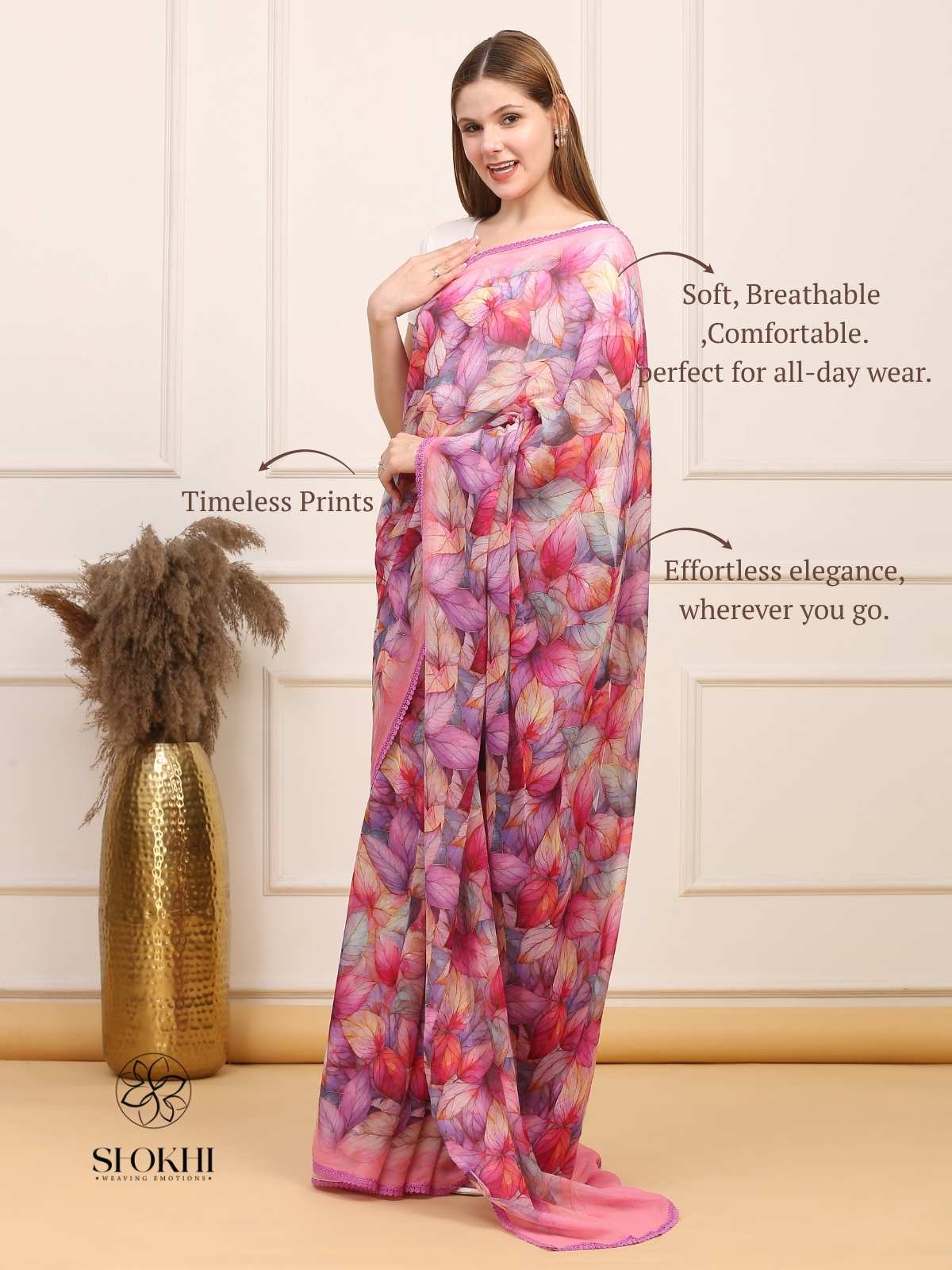 Vibha - Printed Georgette Saree - Pink Multicolor - SO-SAPR-004 - Shokhi