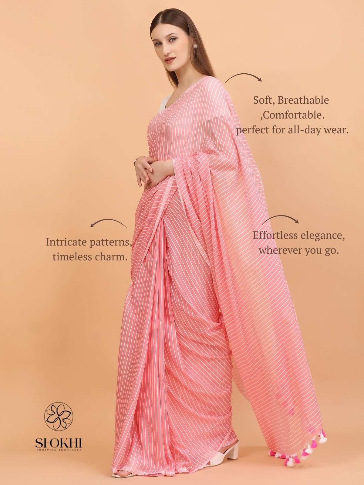 Komal - Soft Cotton Saree - Peachy Pink - SO-CC-002 - Shokhi