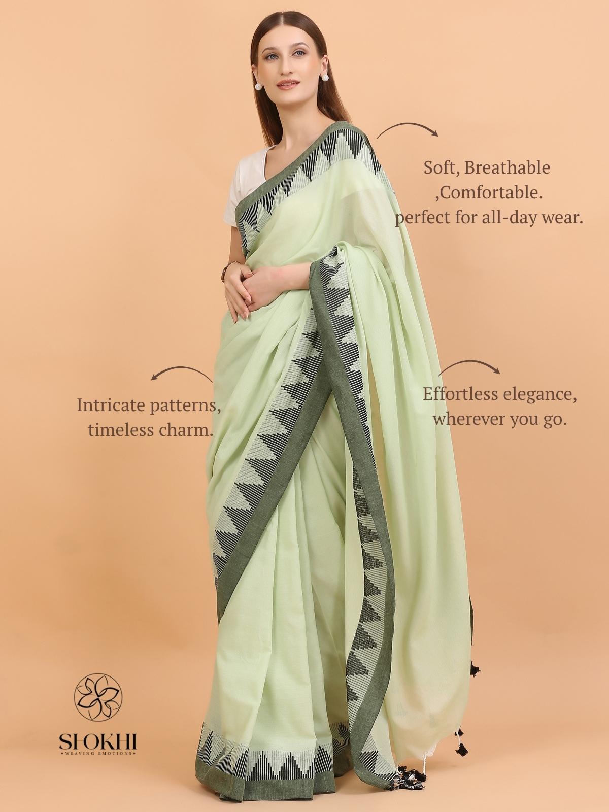 Komal - Soft Cotton Saree - Light Green - SO-CC-003 - Shokhi