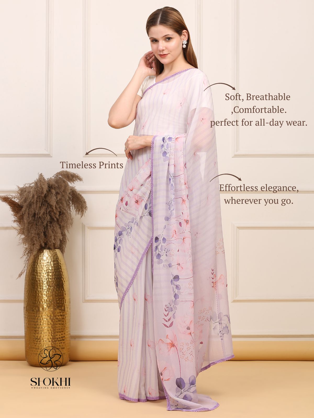 Vibha - Printed Georgette Saree - Pastel Lavender - SO-SAPR-002 - Shokhi