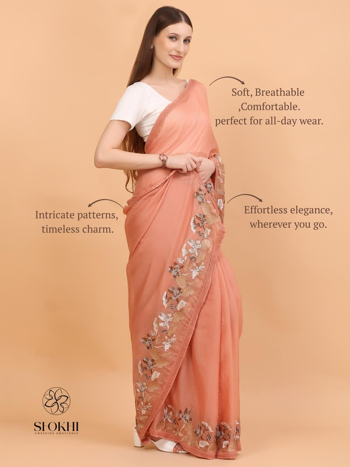 Vaya - Kota Check Embroidered Saree - Rust Orange - SO-EM-002 - Shokhi
