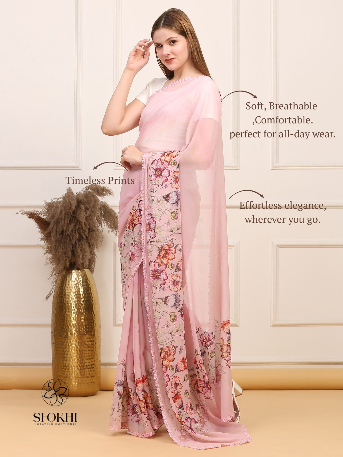 Vibha - Printed Georgette Saree - Blush Pink - SO-SAPR-005 - Shokhi