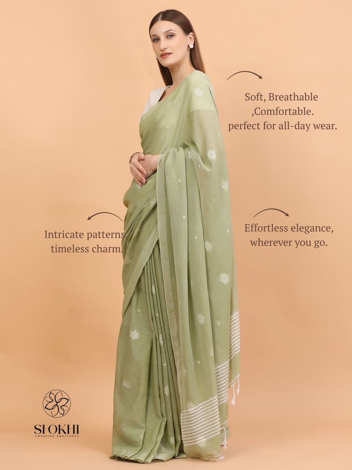 Komal - Soft Cotton Saree - Sage Green - SO-CC-005 - Shokhi