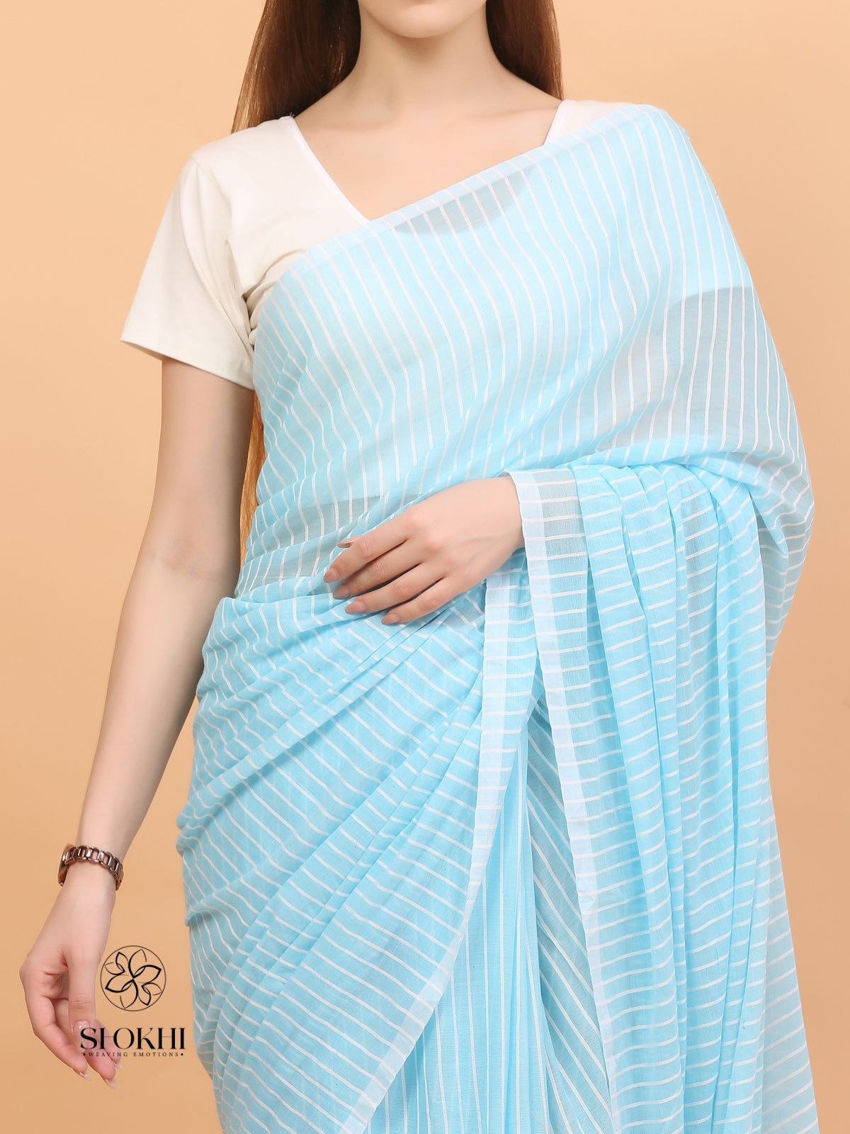 Komal - Soft Cotton Saree - Pastel Blue - SO-CC-001 - Shokhi