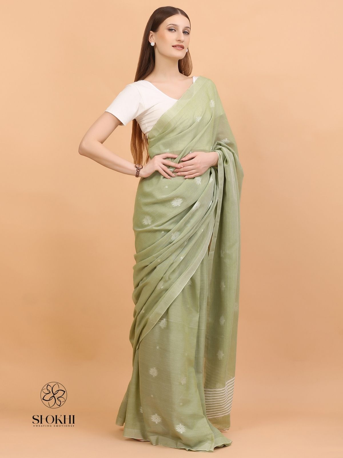 Komal - Soft Cotton Saree - Sage Green - SO-CC-005 - Shokhi