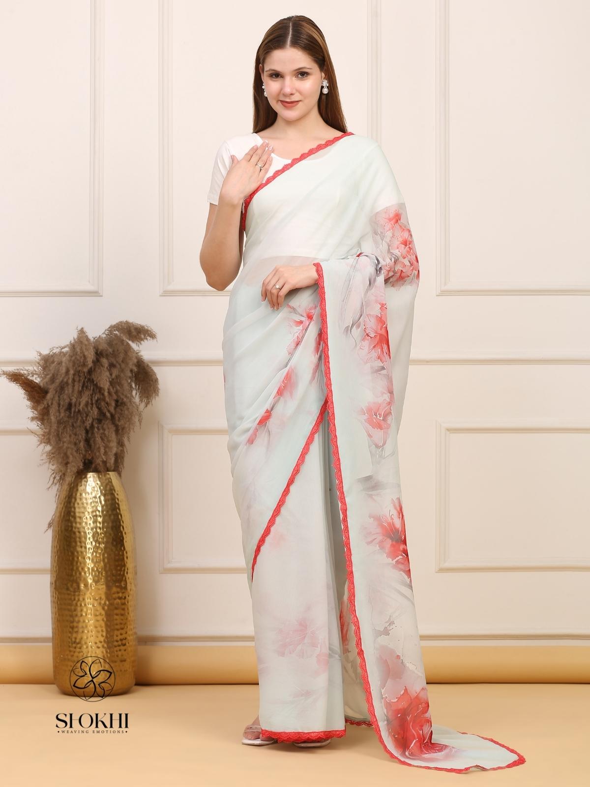 Vibha - Printed Georgette Saree - Aqua Green - SO-SAPR-001 - Shokhi