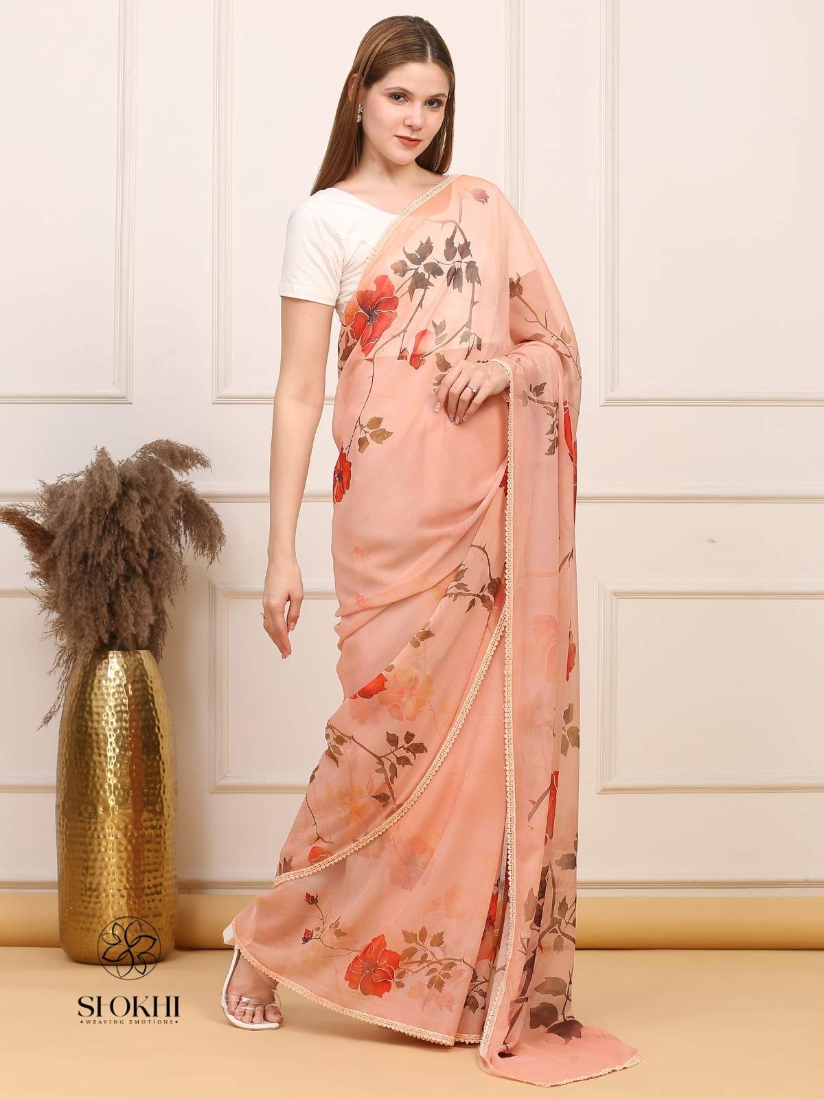 Vibha - Printed Georgette Saree - Vibrant Beige - SO-SAPR-003 - Shokhi