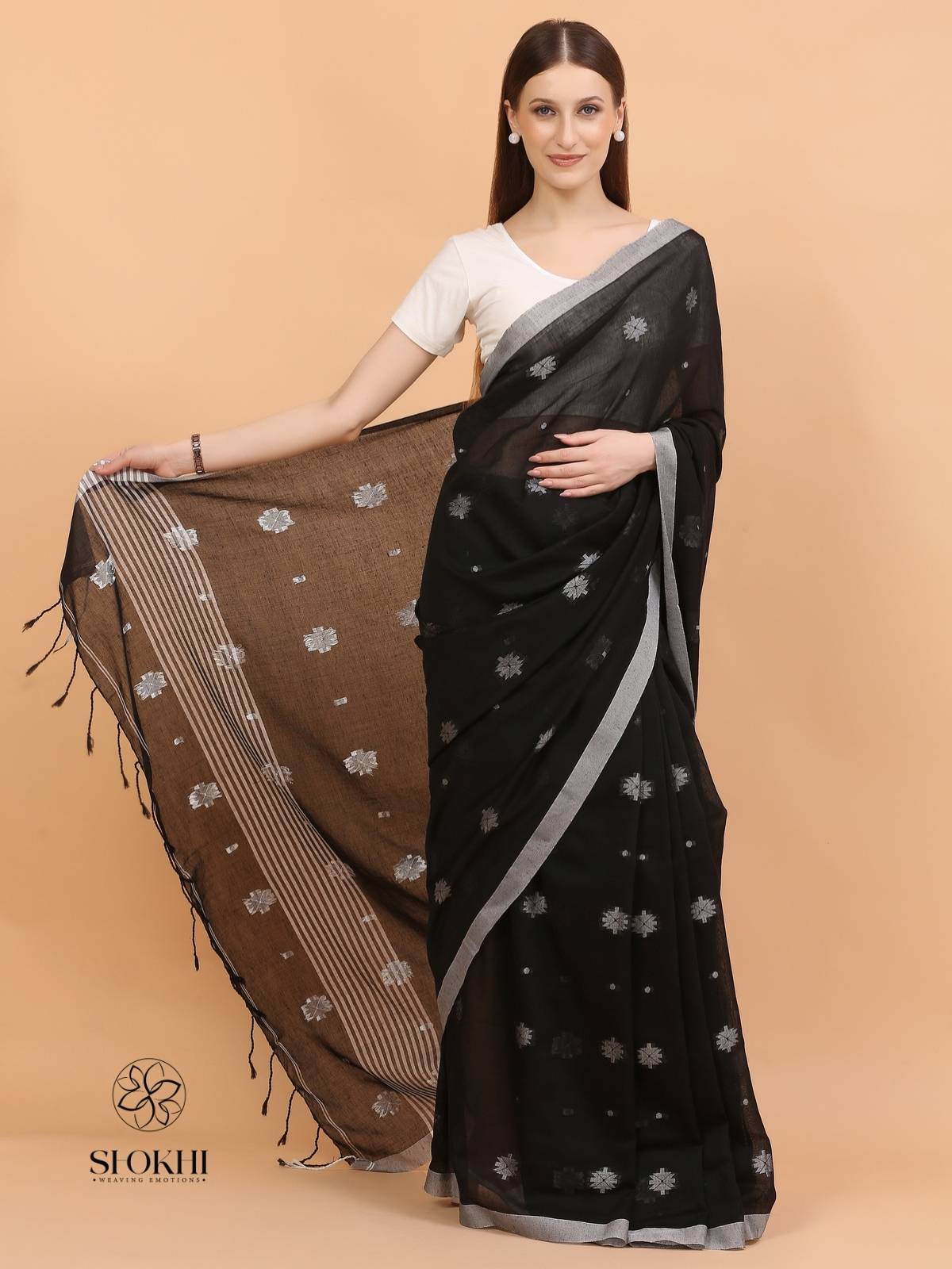 Komal - Soft Cotton Saree - Charcoal Black - SO-CC-008 - Shokhi