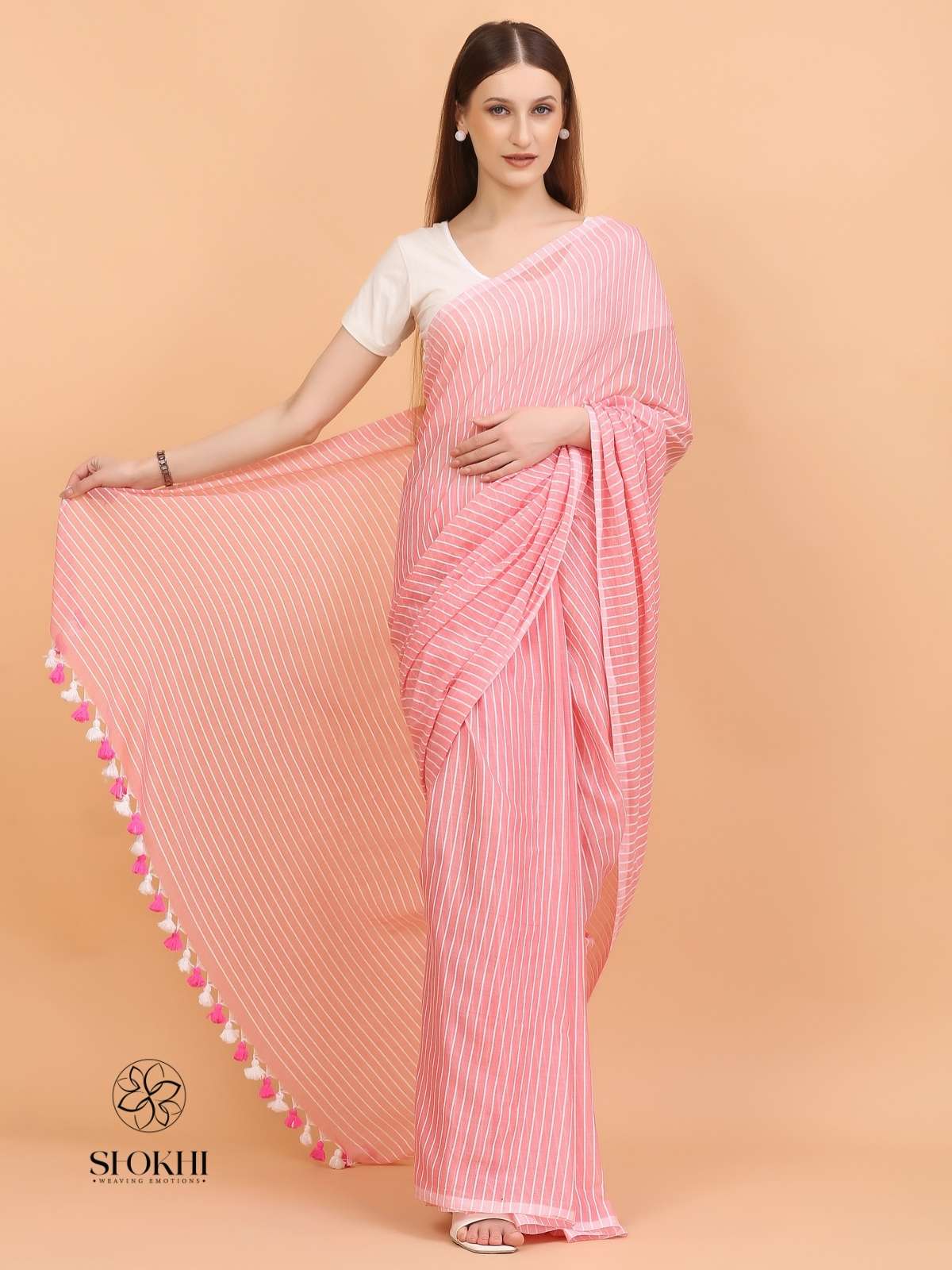 Komal - Soft Cotton Saree - Peachy Pink - SO-CC-002 - Shokhi