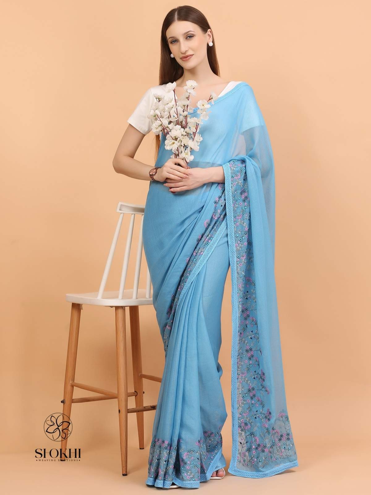 Vaya - Kota Check Embroidered Saree - Teal Blue - SO-EM-001 - Shokhi