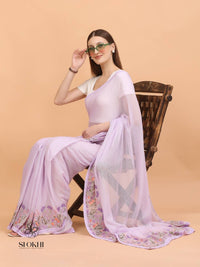 Vaya - Kota Check Embroidered Saree - Pastel Lavender - SO-EM-003