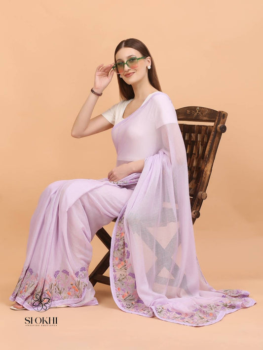 Vaya - Kota Check Embroidered Saree - Pastel Lavender - SO-EM-003 - Shokhi