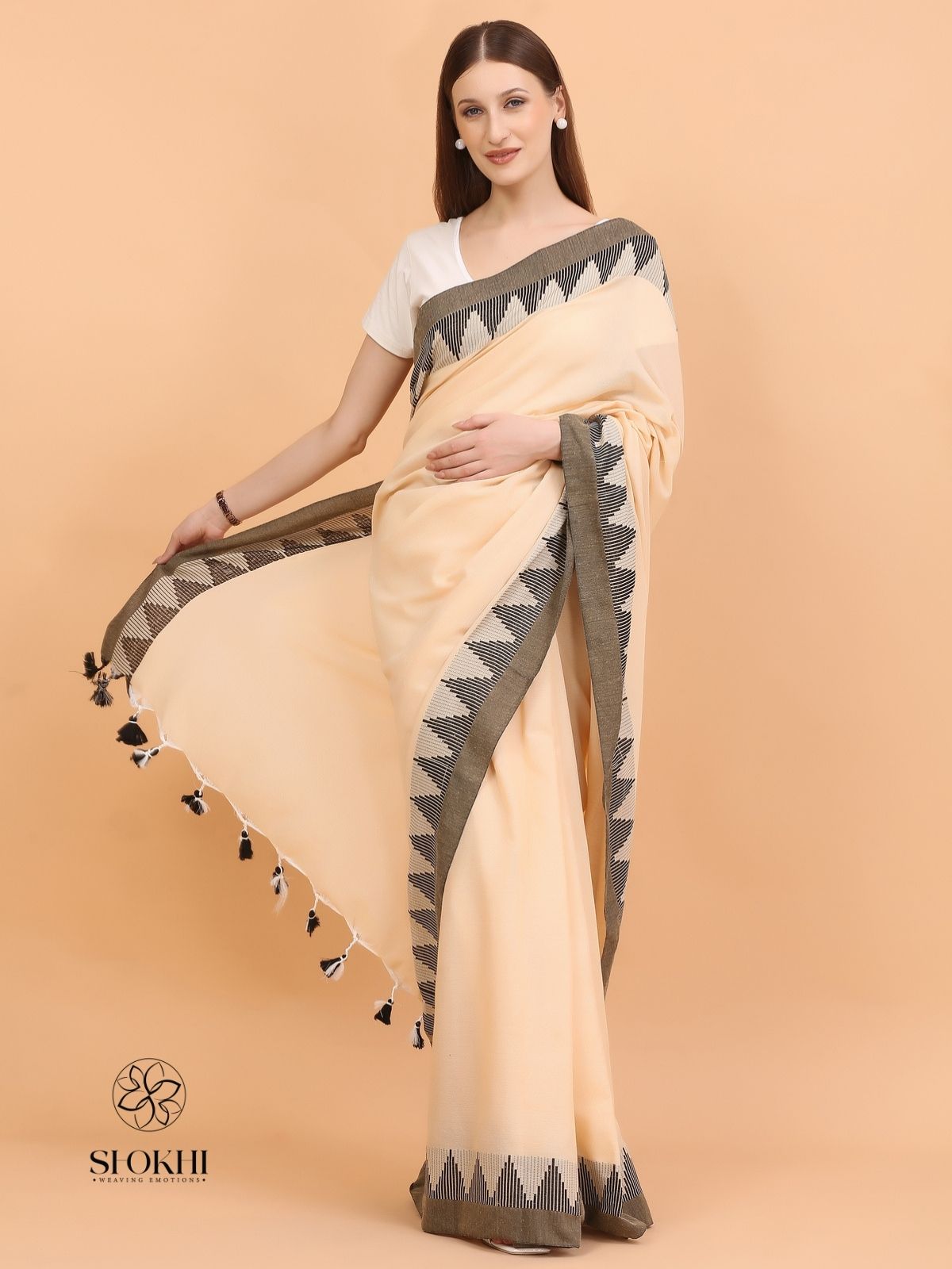 Komal - Soft Cotton Saree - Soft Beige - SO-CC-004 - Shokhi