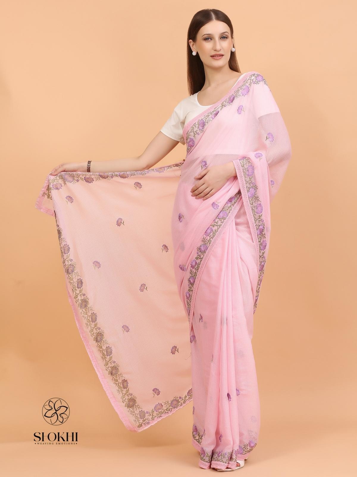 Vaya - Kota Check Embroidered Saree - Blush Pink - SO-EM-005 - Shokhi