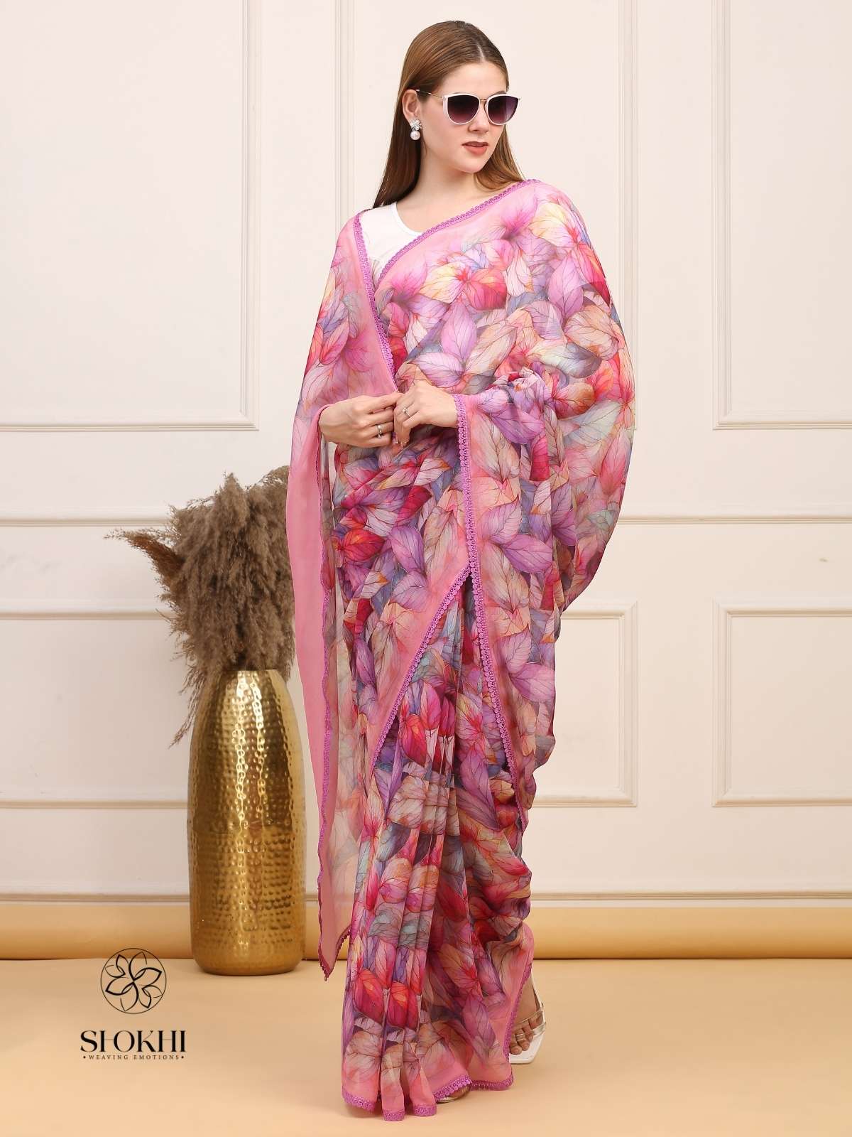 Vibha - Printed Georgette Saree - Pink Multicolor - SO-SAPR-004 - Shokhi