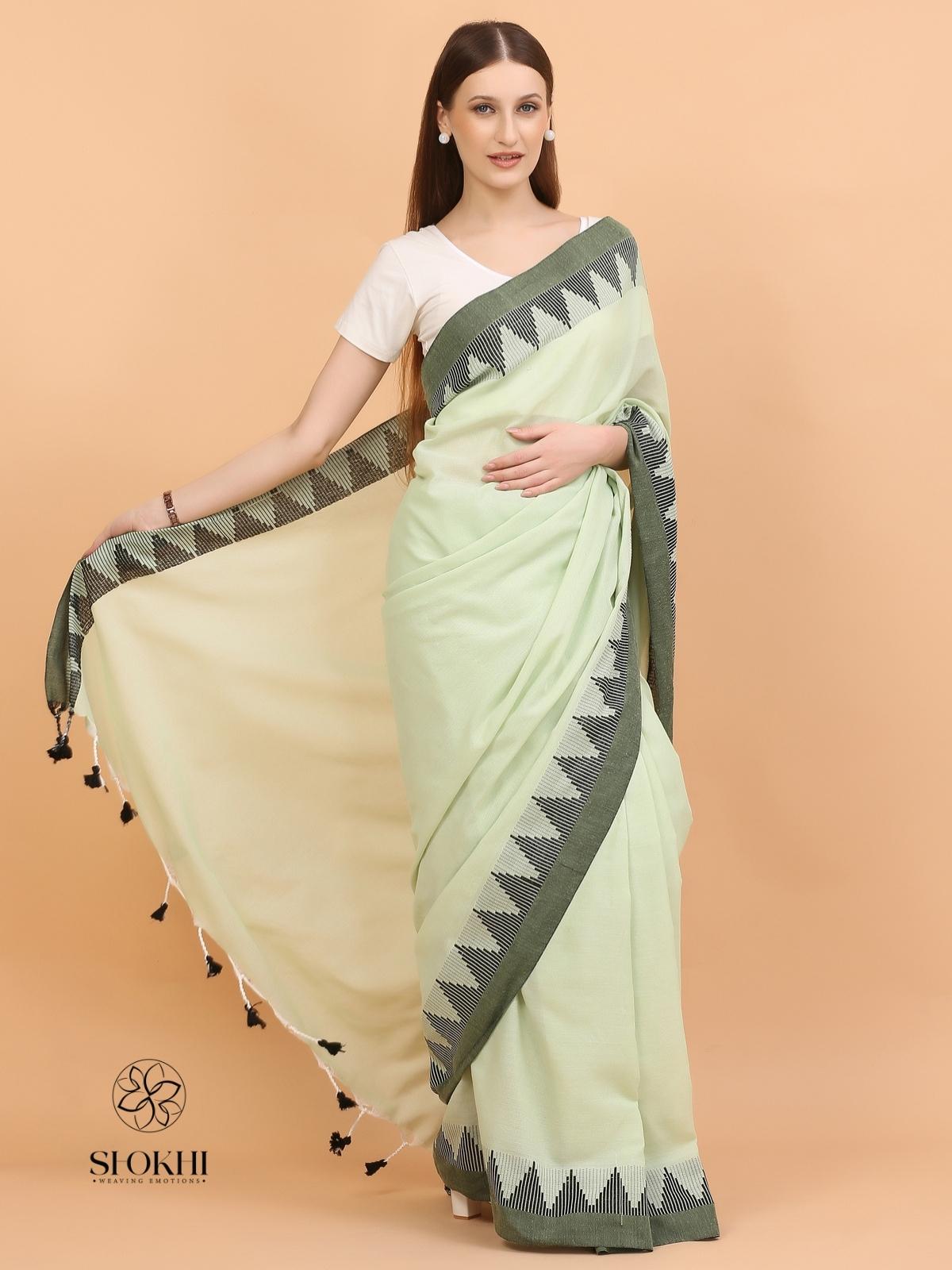 Komal - Soft Cotton Saree - Light Green - SO-CC-003 - Shokhi