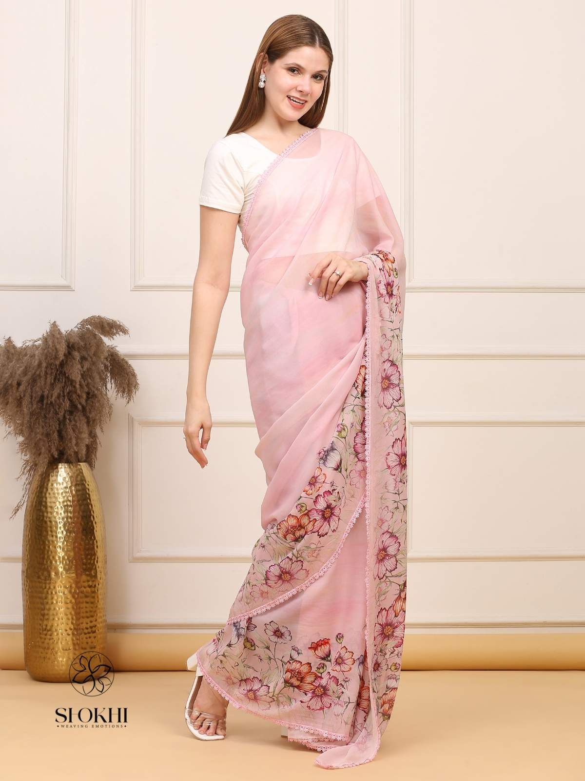 Vibha - Printed Georgette Saree - Blush Pink - SO-SAPR-005 - Shokhi