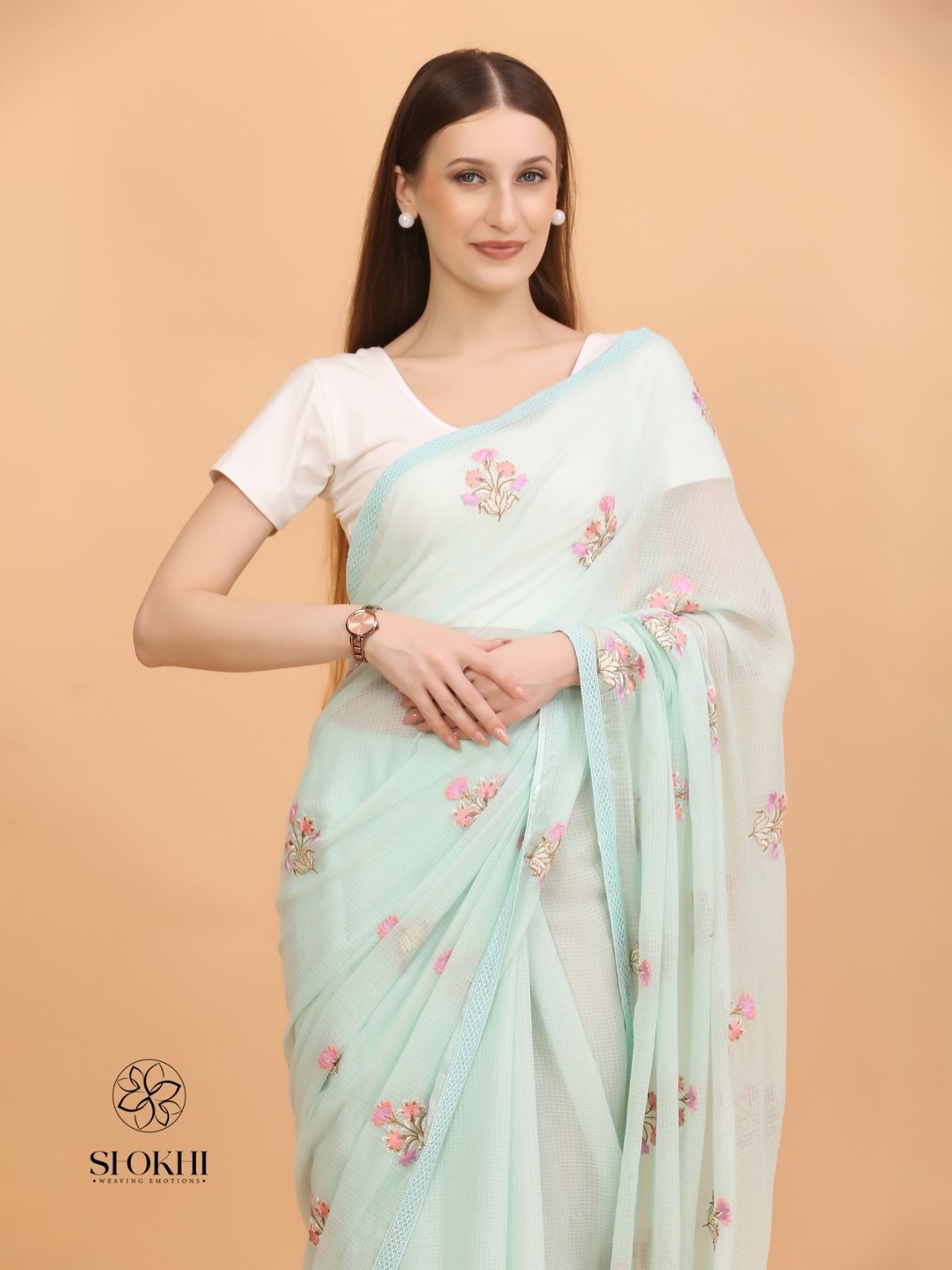 Vaya - Kota Check Embroidered Saree - Sea Green - SO-EM-004 - Shokhi