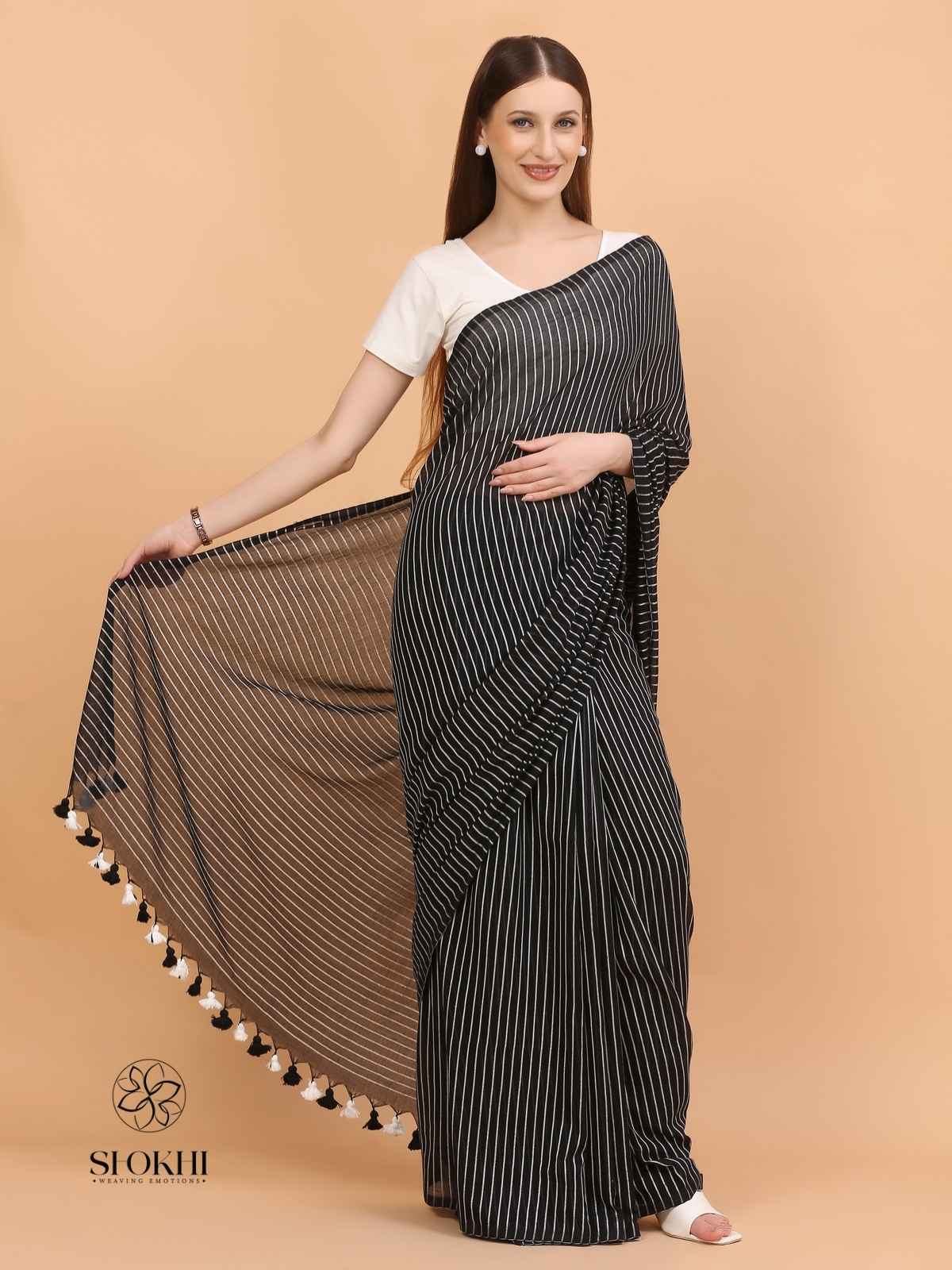 Komal - Soft Cotton Saree - Charcoal Black - SO-CC-007 - Shokhi