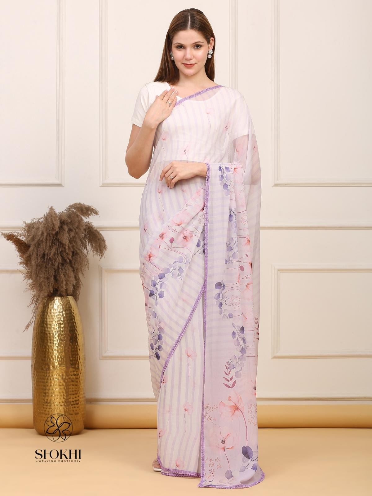 Vibha - Printed Georgette Saree - Pastel Lavender - SO-SAPR-002 - Shokhi