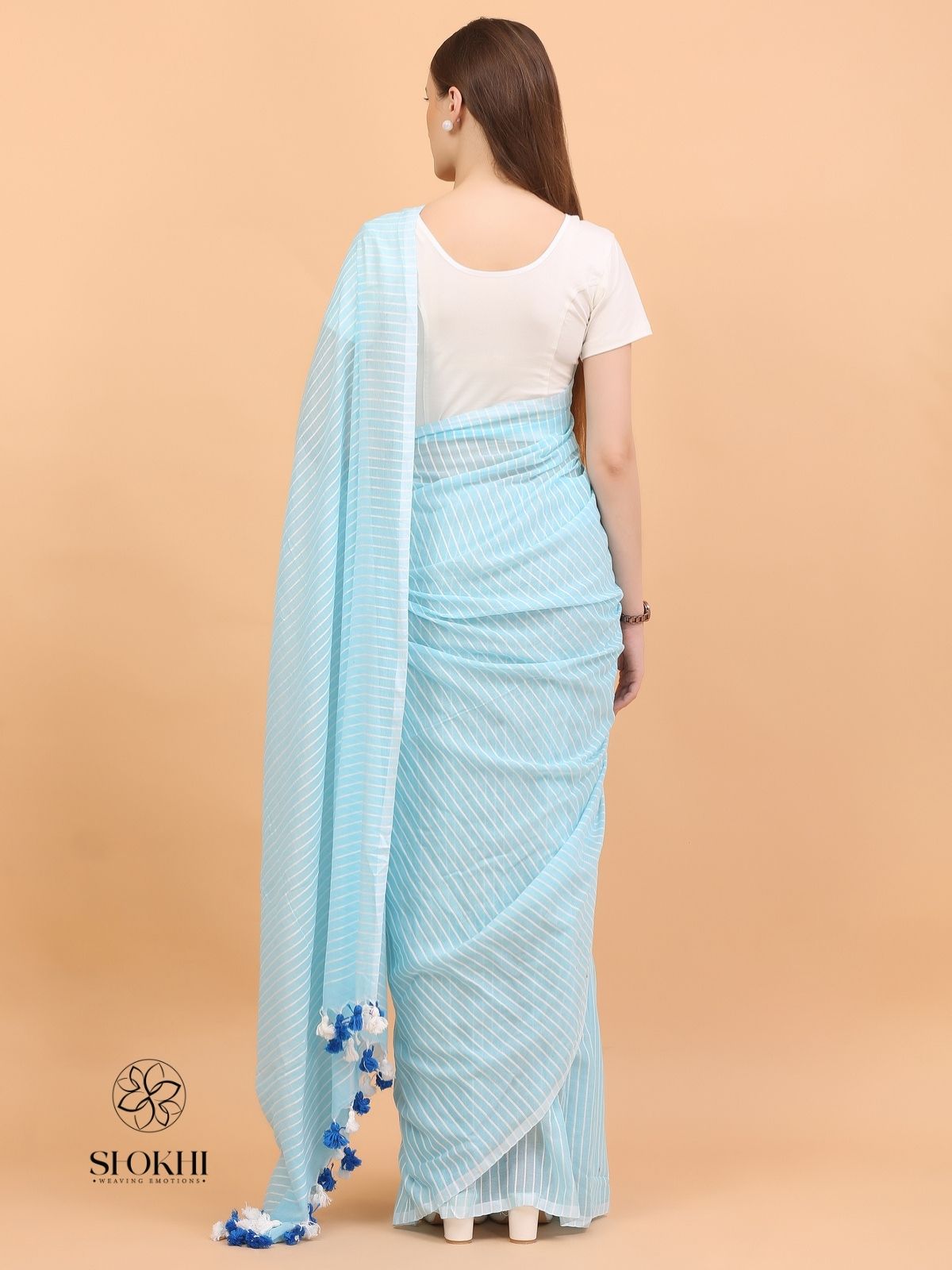 Komal - Soft Cotton Saree - Pastel Blue - SO-CC-001 - Shokhi
