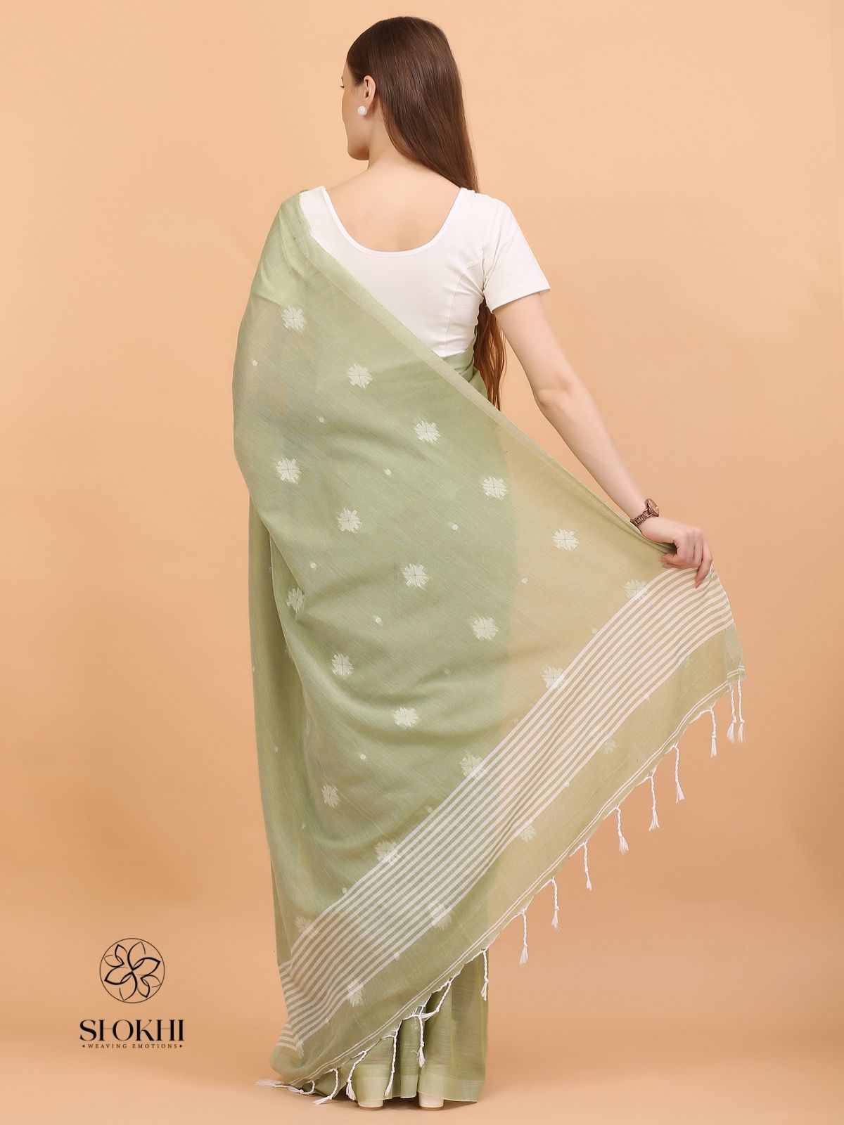 Komal - Soft Cotton Saree - Sage Green - SO-CC-005 - Shokhi