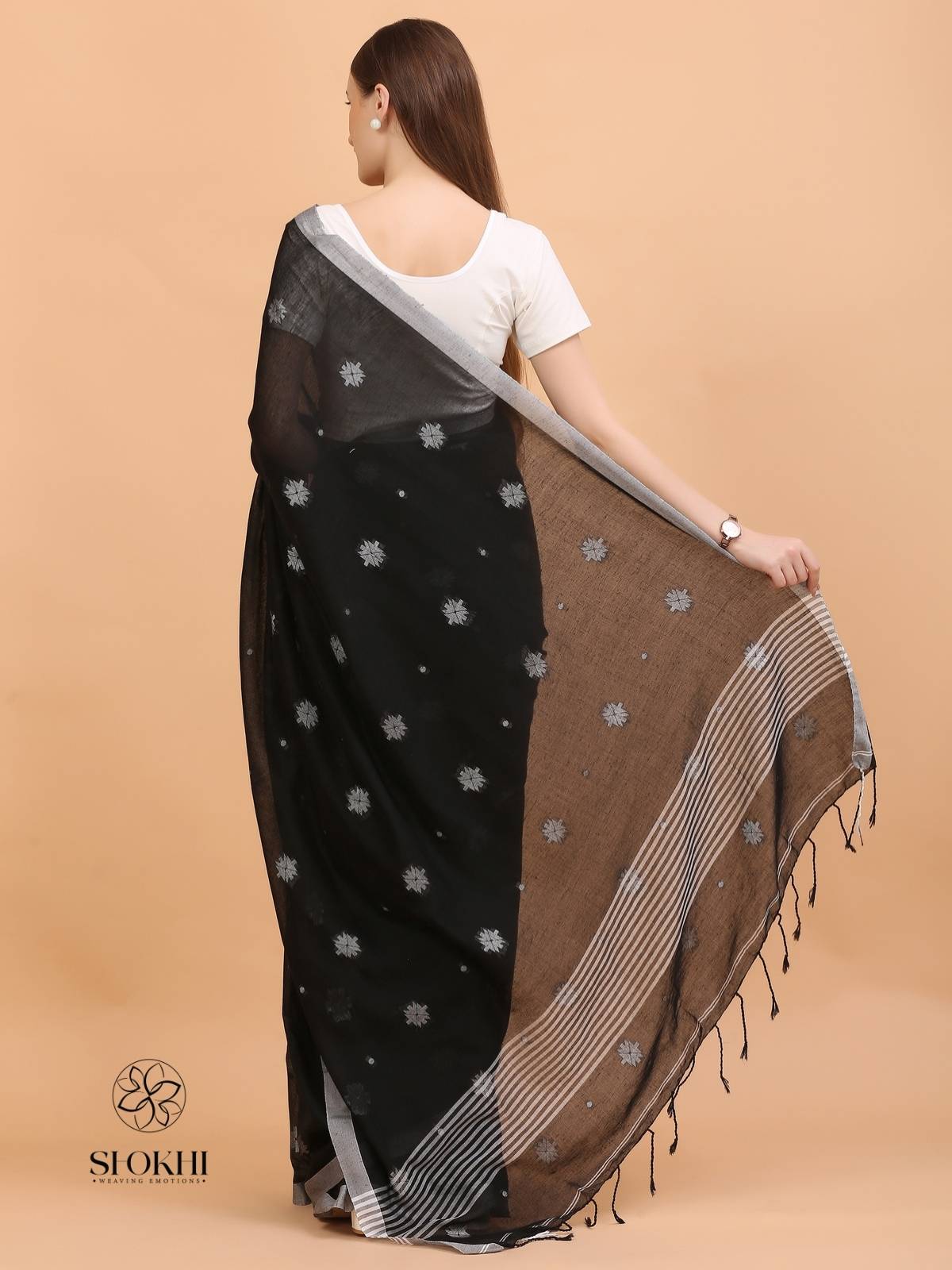 Komal - Soft Cotton Saree - Charcoal Black - SO-CC-008 - Shokhi