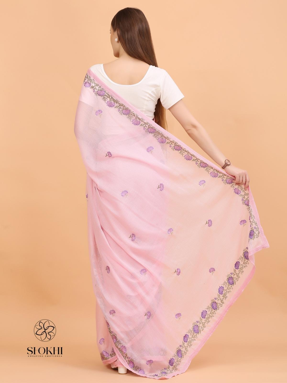 Vaya - Kota Check Embroidered Saree - Blush Pink - SO-EM-005 - Shokhi