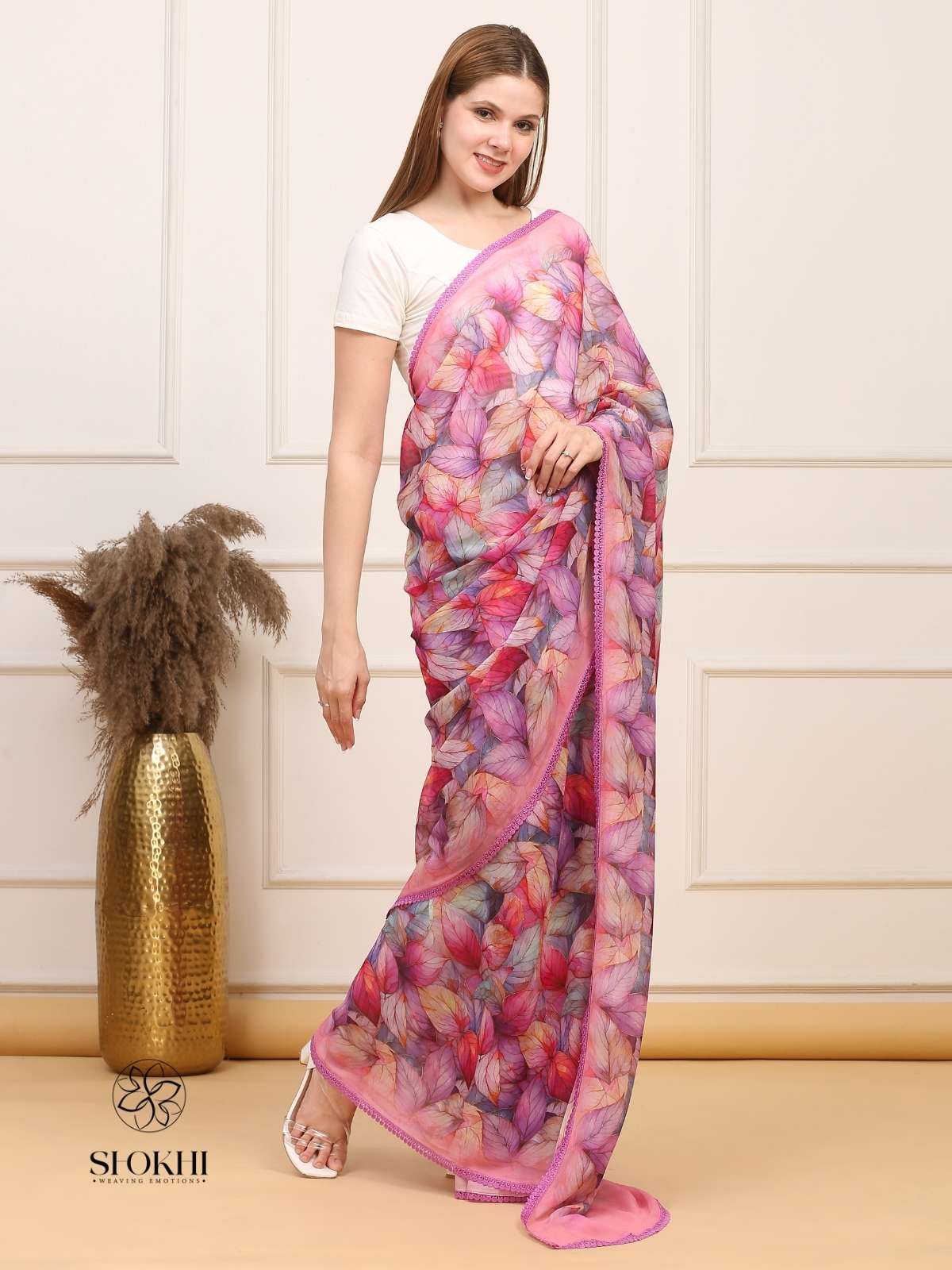 Vibha - Printed Georgette Saree - Pink Multicolor - SO-SAPR-004 - Shokhi