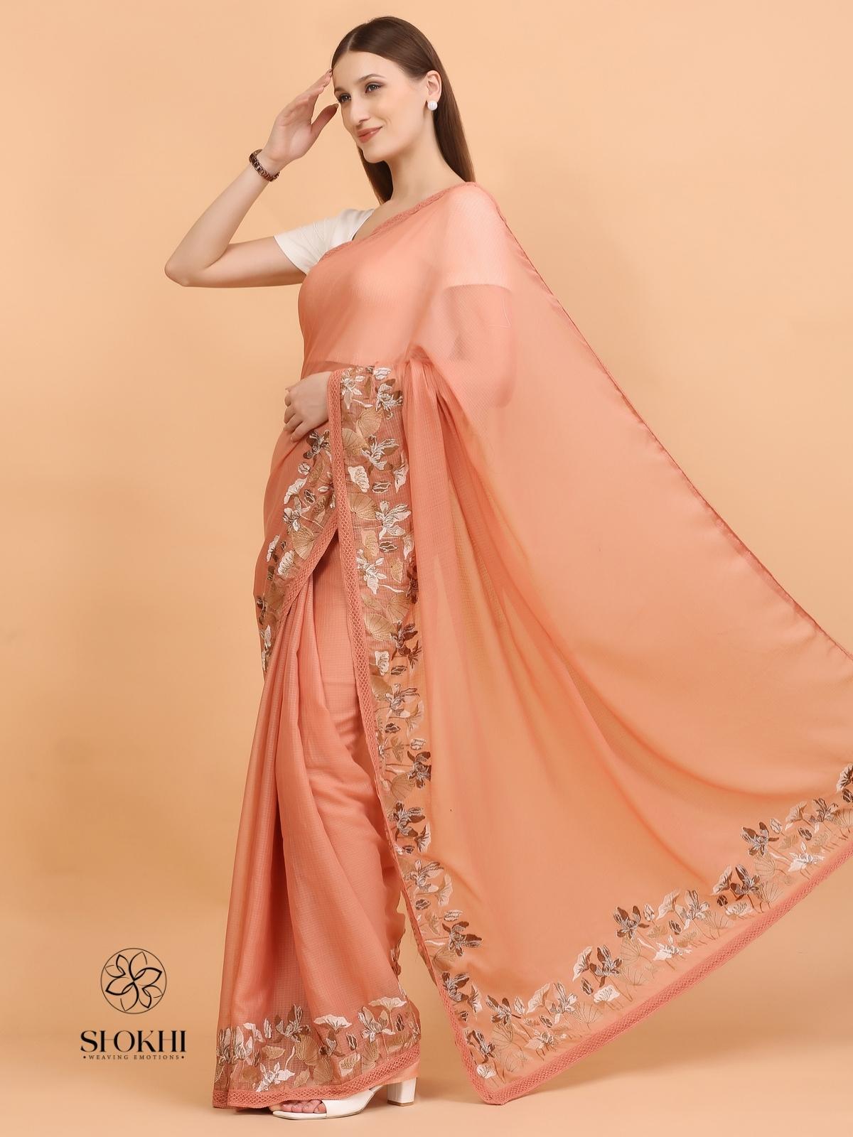 Vaya - Kota Check Embroidered Saree - Rust Orange - SO-EM-002 - Shokhi