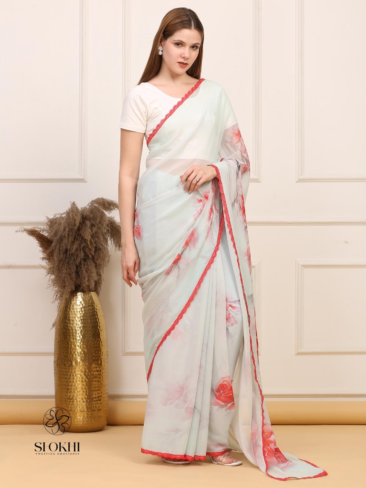 Vibha - Printed Georgette Saree - Aqua Green - SO-SAPR-001 - Shokhi