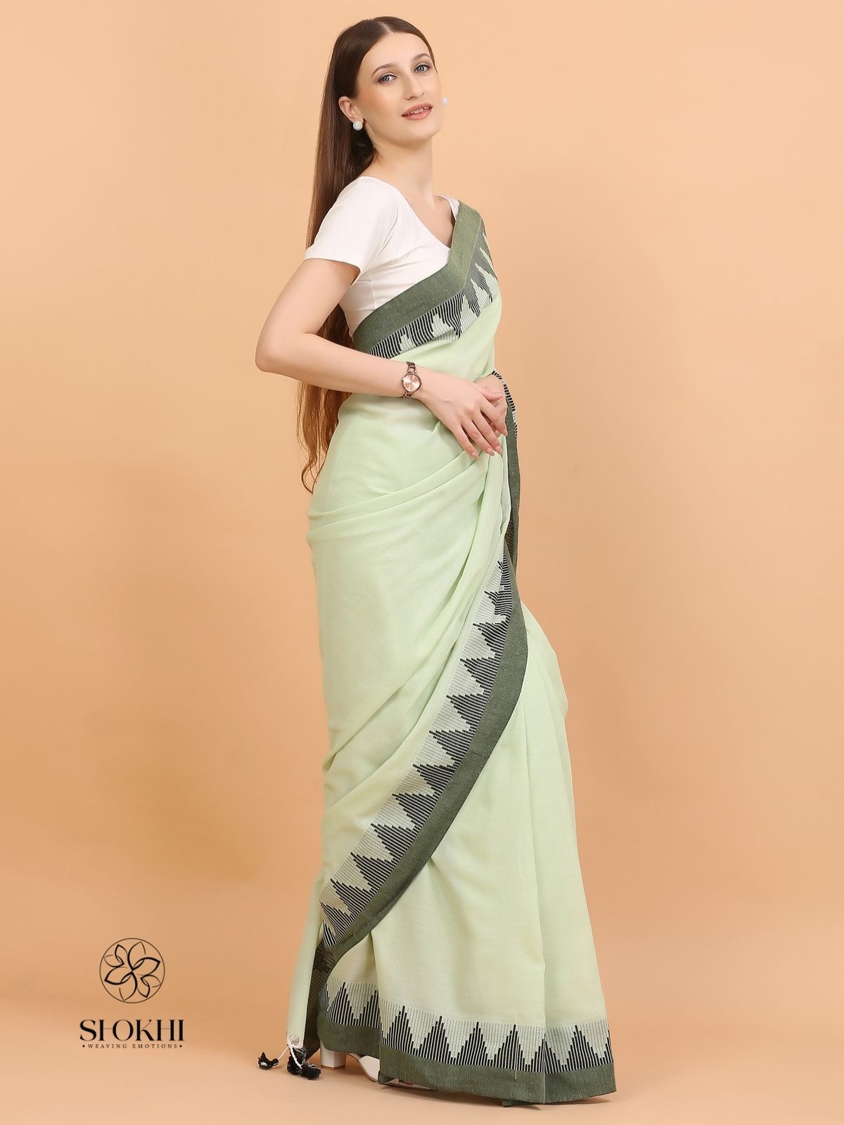 Komal - Soft Cotton Saree - Light Green - SO-CC-003 - Shokhi