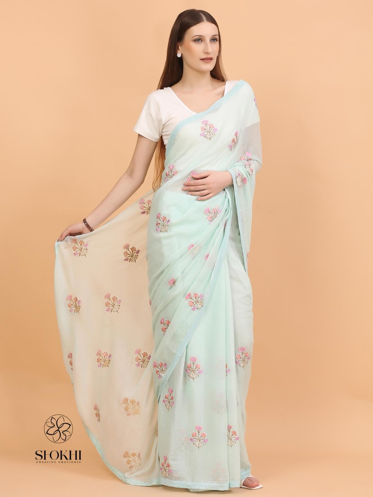 Vaya - Kota Check Embroidered Saree - Sea Green - SO-EM-004 - Shokhi