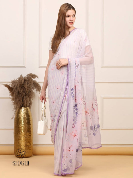 Vibha - Printed Georgette Saree - Pastel Lavender - SO-SAPR-002 - Shokhi