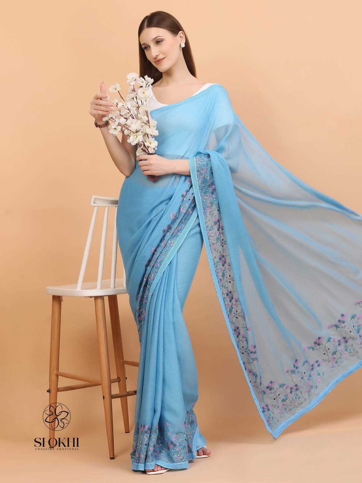 Vaya - Kota Check Embroidered Saree - Teal Blue - SO-EM-001 - Shokhi