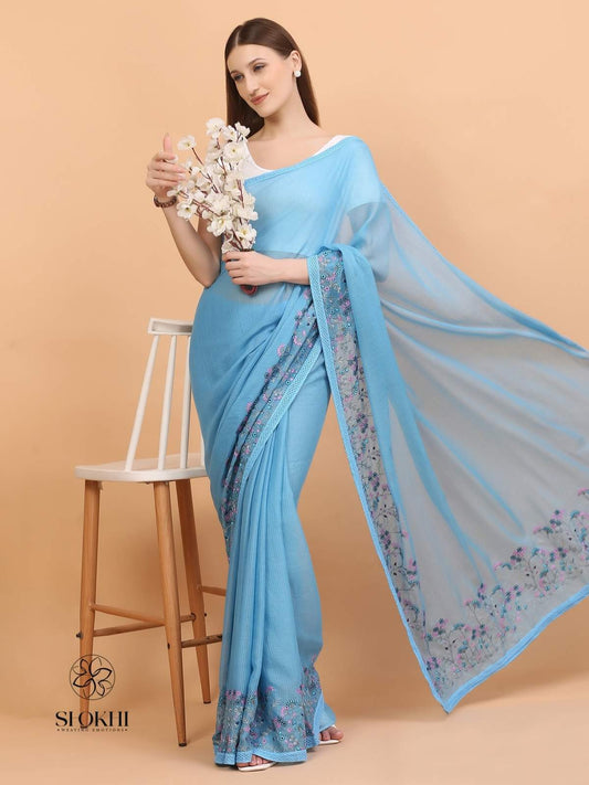 Vaya - Kota Check Embroidered Saree - Teal Blue - SO-EM-001 - Shokhi