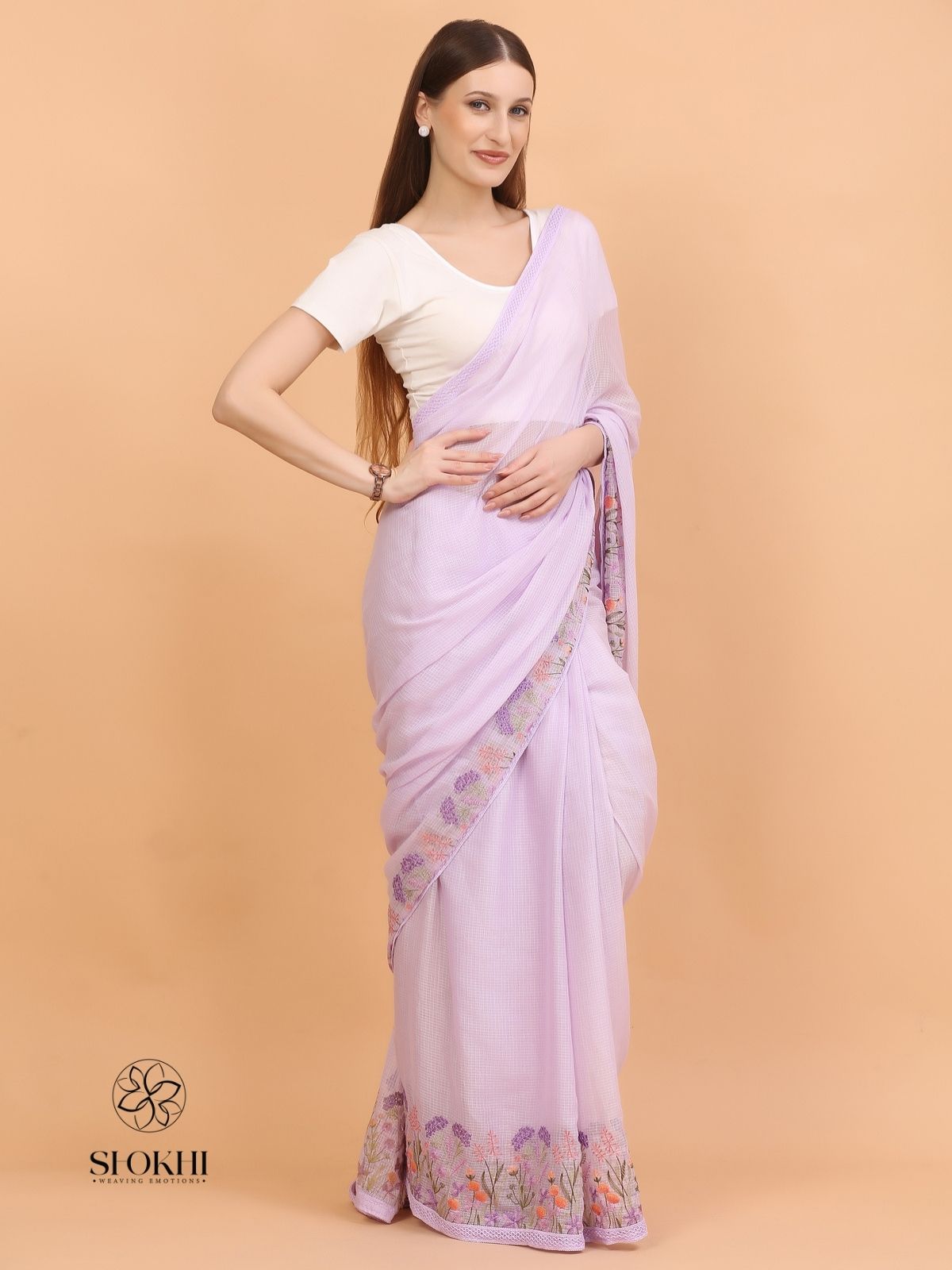 Vaya - Kota Check Embroidered Saree - Pastel Lavender - SO-EM-003 - Shokhi
