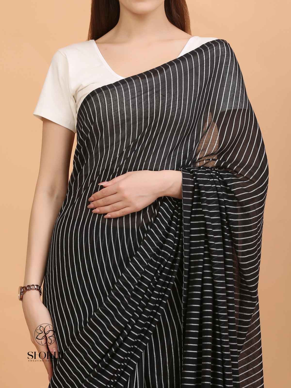 Komal - Soft Cotton Saree - Charcoal Black - SO-CC-007 - Shokhi