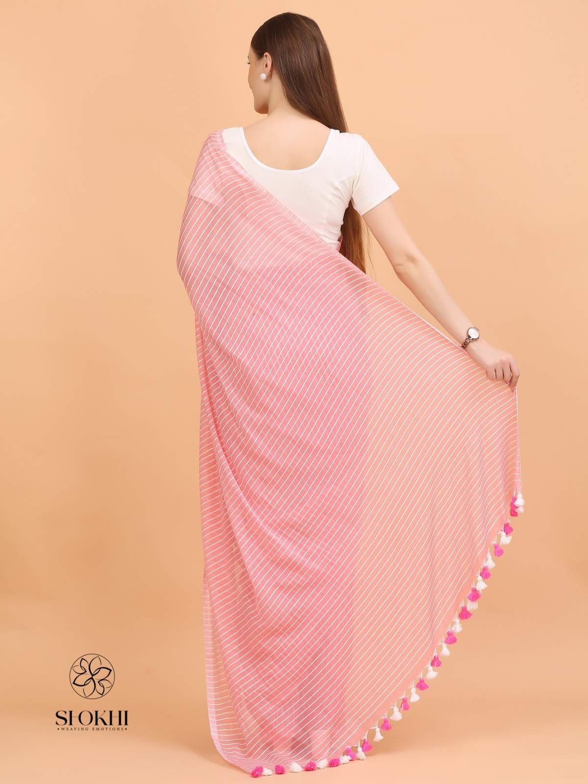 Komal - Soft Cotton Saree - Peachy Pink - SO-CC-002 - Shokhi