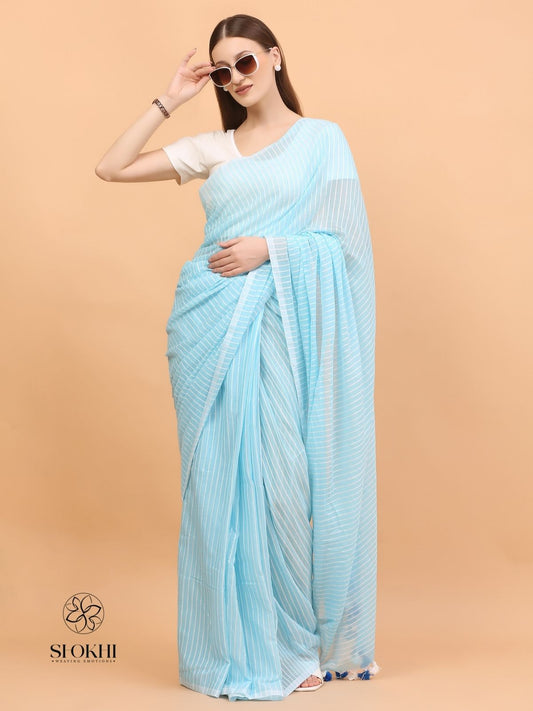 Komal - Soft Cotton Saree - Pastel Blue - SO-CC-001 - Shokhi